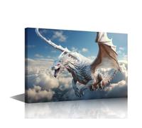 TISHIRON Flying Dragon Wall Art Painting on Canvas White Dragon Bedroom Wall Art Modern Home Decor Animals House Decorations for Living Room Pictures Stretched on Wooden Frame, 18x12in