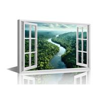 TISHIRON Forest Wall Art for Bedroom 3D Window View Canvas Painting Lake Large Wall Art for Living Room Trees Contemporary Home Decor 1 Panels Stretched on Wooden Frame, 36x24in