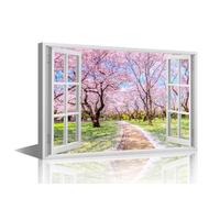 TISHIRON Framed Canvas Wall Art Flower Blossom Painting 3D Window View Pictures 1 Panel Wall Art Cherry Modern Wall Decor for Living Room Bedroom Giclee Gallery-Wrapped Posters, 18x12in