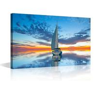 TISHIRON Framed Canvas Wall Art Luxury Yachts Painting Sailing Boat in the Sea at Sunset Pictures 1 Panel Sea Skyline Wall Art Modern Decor for Living Room Bedroom Gallery-Wrapped Posters, 18x12in