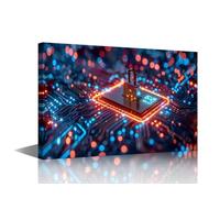 TISHIRON Framed Digital Cybersecurity Practices Canvas Wall Art 1 Panel Futuristic Circuit Board and Microchips Art Print Ready to Hang Framed Artwork AI Room Decor 16 x 24 inch