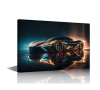 TISHIRON Framed Wall Art 1 Panel Sleek Futuristic Luxury Car, Shiny Reflective Metal Surfaces Covered in Raindrops Poster for Living Room, Supercar Artwork, Wooden Framed Ready to Hang, 24" Wx16 H