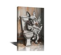 TISHIRON Framed Wall Decor, Interesting Animal Modern French Bulldog Reading Newspaper on Toilet Smoking Cigar Wall Art for Bathroom Posters Wall Painting Office Home Gift Idea (12" Wx18 H)