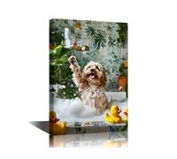 TISHIRON Funny Animal Wall Decor 1 Pieces Dog in a Bathtub Posters for Room Aesthetic Animal and Plant Bathroom Wall Decor Modern Artwork House Decorations Stretched Framed Ready to Hang (12" Wx18 H)