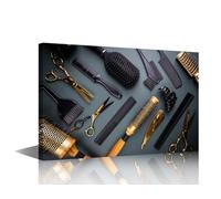 TISHIRON Golden Haircut Tools Canvas Wall Art Painting on Gray Background Wall Decor for Living Room Powder Room Hair Salon Pictures Print on Canvas Framed Modern Artwork for Bedroom, 18x12in