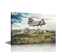TISHIRON Green Landscape Canvas Prints Heavy-lift Helicopter Wall Art Paintings Twin Engine Posters Stretched Wilderness Pictures for Living Room Modern Home Decor Framed Wall Art Decorations 24x16in