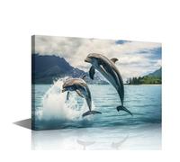 TISHIRON Group of Dolphins Leaping Out of Crystal-Clear Turquoise Waters Pictures Canvas Print Artwork for Living Room Bedroom Bathroom Decor Framed Painting 1 Pieces Ready To Hang (12" Wx18 H)
