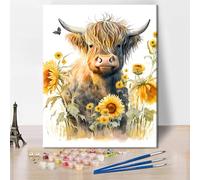TISHIRON Highland Cow DIY Paint by Numbers for Adults Beginners Kits Minimalist Sunflower Flower Oil Painting Women Picture Canvas Acrylic Pigment Arts Craft for Home Wall Decor 16x20 Inch