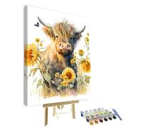 TISHIRON Highland Cow DIY Paint by Numbers for Adults Beginners Kits Minimalist Sunflower Flower Oil Painting Women Picture Canvas Acrylic Pigment Arts Craft for Home Wall Decor 16x20 InchFramed