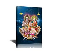 TISHIRON Hindu God Pictures for Living Room Lord Shiva Family Paintings 1 Pieces Canvas Ganesha Religious Wall Art Home Decor Framed Stretched Ready to Hang 18x12inch