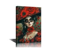 TISHIRON Home Decor Wall Colorful Skull Girl Wall Art for Living Room Day of the Dead in Mexico Posters and Prints Modern Home Decor Giclee Wooden Framed Gallery-Wrapped Ready to Hang (12" Wx18 H)
