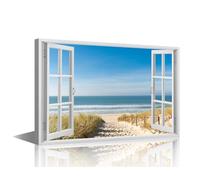 TISHIRON House Decorations 3D Window View Sea Horizon Wall Pictures for Living Room Beach Scene Canvas Art Coastline Modern Wall Painting 1 Panel Prints Framed Ready to Hang, 18x12in