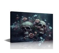 TISHIRON Human Skulls Wall Art for Bedroom Skulls with Flowers Canvas Art Wall Decor Dark Background Paintings on Canvas Walls Artwork Framed Skull Pictures Walls Artwork Decor Crafts(18" Wx12 H)