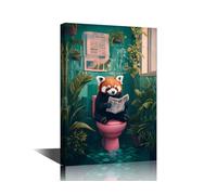 TISHIRON Humorous Bathroom Theme Wall Painting, Animal Toilet Wall Art for Living Room Red Panda Reading a Newspaper in the Toilet Wall Decor Gift Idea Animal LoversFramed Ready to Hang (16" Wx24 H)