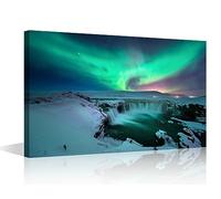 TISHIRON Iceland Aurora Landscape Wall Art for Bedroom Godafoss Water Fall Canvas Painting Large Wall Art for Living Room Contemporary Home Decor 1 Piece Stretched on Wooden Frame, 24" Wx36 H
