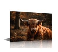 TISHIRON Illustrated Portrait of Highland Cattle Picture Farmhouse Lovely Cow Canvas Prints Wall Art Decor Artwork for Home Living Room Bedroom Decoration 1 Panels Ready to Hang (16" Wx24 H)