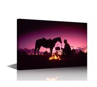 TISHIRON Inspiration Modern Artwork Western Rodeo Cowboy Pictures for Living Room Nightfall Horse Wall Canvas Art House Decorations Posters and Prints Ready to Hang for Office Home Walls - 36x24in