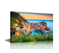 TISHIRON Italy Cityscape Canvas Painting Fantastic House Decoration Cinque Terre at Sunset Wall Art Europe Touristic Home Decor for Living Room Bedroom Pictures Modern Office Wall Décor (36x24in)