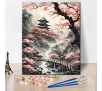 TISHIRON Japanese Temple Paint by Number Kits for Adults Beginners,Tree Adults Paint by Numbers Kits,DIY Pink Cherry Blossom Paint by Numbers Kits on Canvas for Home Wall Decor 16x20inch Frameless