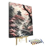 TISHIRON Japanese Temple Paint by Number Kits for Adults Beginners,Tree Adults Paint by Numbers Kits,DIY Pink Cherry Blossom Paint by Numbers Kits on Canvas for Home Wall Decor 16x20inch Framed