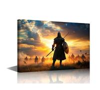 TISHIRON Knight Silhouette Battle Canvas Wall Art - Minimalist Black & White Medieval Wall Decor Framed, Modern Abstract Metal Print Inches for Man Cave, Study, Dorm Room Ready to Hang 18x12