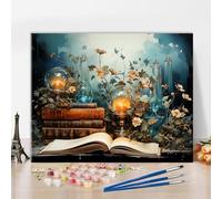 TISHIRON Knowledge DIY Paint by Numbers for Adults, Book and Flowers Paint by Number Kits with Brushes and Pigment for Home Wall Decoration, Art Crafts, 16"x20"(Frameless)