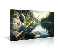 TISHIRON Lake Fishing Art Work for Home Wall Fishing Rod and Reel Posters & Prints Painting Pictures Canvas Artwork Home Decorations for Living Room Bedroom Giclee Framed Ready to Hang 24" Wx36 H