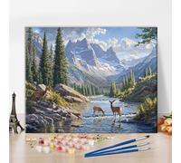 TISHIRON Landscape Paint by Numbers for Adults, Deer and Forest Adult Paint by Number Kits on Canvas, Mountain Painting by Numbers for Gift Home Wall Decor 16"x20"(Frameless)