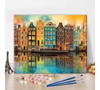 TISHIRON Landscape Paint by Numbers Kit for Adults, Amsterdam Canal, Houses in Rainbow Colours, Paint by Numbers with Brush and Pigment, DIY Oil Painting Crafts, 40 x 50 cm
