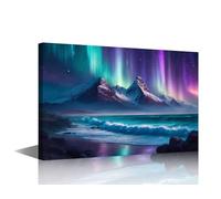TISHIRON Landscape Wall Art Colourful Aurora Over Mountains Canvas Northern Lights Ocean Waves Landscape Painting for Living Room Bedroom Home Decoration(40x60cm)