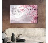 TISHIRON Landscape Wall Art Moon Cherry Blossoms Canvas Print, 60x90cm, Living Room Decor