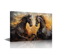 TISHIRON Large Animal Canvas Wall Art Two Black Wild Horses Picture 1 Panels Prints Inspirational Horses Wall Decor Living Room Modern Artwork Home Kindergarten Zoo Decoration (24" Wx36 H)