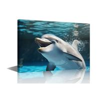TISHIRON Large Art For Wall Canvas Dolphins Dancing Underwater In Water Pictures Modern Office Meeting Room Blue Waves Of The Sea Wall Paintings Ready To Hang Home Decor 1 Piece (24" Wx36 H)