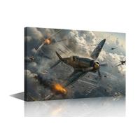 TISHIRON Large Vintage Air Combat Art Print P-51 Mustang Engaging Enemy Aircraft in a Cloudy Sky Canvas Wall Decor for History Enthusiasts Office(36" Wx24 H)