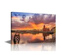 TISHIRON Living Room Wall Decor Cardiff Bay Wales Pictures England Canvas Wall Art for Bedroom Poster for Office Farmhouse Wood Framed Night Scene Prints for Home Decor 24x36 in