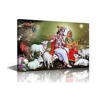 TISHIRON Lord Radha Krishna Wall Art for Living Room India Religious Paintings on Canvas Hindu God Pictures 1 Panel Modern Artwork Home Decor Posters Prints Framed Stretched Ready to Hang, 16" Wx24 H