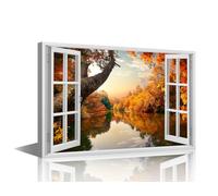 TISHIRON Maple Large Wall Art for Living Room Forest 3D Window Effect Canvas Art Wall Decor Lake Landscape Modern Office Wall Art Autum Paintings for Bedroom Framed Art Ready to Hang - 36x24in