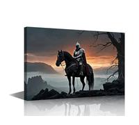 TISHIRON Medieval Knight on Horseback Canvas Wall Art Mountain Sunset Battle Scene Framed Painting for Living Room Castle Themed Family Room HD Giclee Print Premium Gallery Canvas 36x24 in