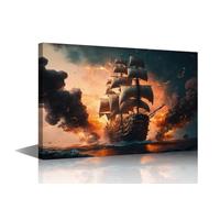 TISHIRON Medieval War Wall Art for Living Room Pirate Ship Canvas Wall Art Sailboat Pictures Posters Modern Wall Decor Art for Bedroom Office Paintings Giclee Framed Ready to Hang, 18x12in