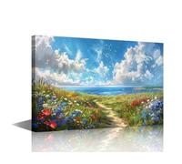 TISHIRON Modern Coastal Meadow Wall Art: Blooming Wildflowers Framed Seascape for Living Room, Bedroom, or Office (12" W x 18" H)