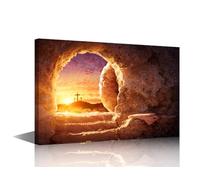 TISHIRON Modern Narrative Faith Art Composite Image of Empty Tomb and Crucifixion at Sunrise Canvas Print for Storytelling in Sunday School or Study(24" Wx16 H)