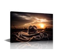 TISHIRON Modern Wall Art Iconic Cowboy Hat Rope and Lasso Against Sunset Sky Posters and Prints Cowboy Artwork for Home Office Decorations Stretched Framed Gallery-Wrapped Ready to Hang 18x12 in
