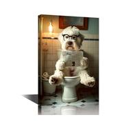 TISHIRON Modern Wall Decor, Old English Sheepdog Framed Animal Bathroom Humor Wall Art Fluffy Dog with Glasses Reading Newspaper on Toilet Wall Painting Office Design Ready to Hang (12" Wx18 H)