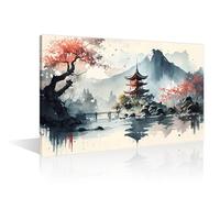 TISHIRON Mount Fuji Canvas Art Japanese Landscape Canvas Painting Temples in Japan Picture Canvas Large Wall Art for Living Room Contemporary Home Decor 1 Panels Stretched on Wooden Frame 24" Wx36 H