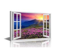 TISHIRON Mountain Canvas Paintings 3D Window View Bedroom Wall Art Landscape Contemporary Home Decor Blossom Bathroom Decor Wall Art Modern Artwork Ready to Hang for Living Room Office, 36x24in