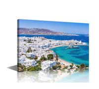 TISHIRON Mykonos Cityscape Canvas Wall Art for Living Room Seaside Home Decor Greece Poster Prints on Canvas City Skyline Wall Decorations for Bedroom Bathroom Office Framed Ready to Hang, 36x24in