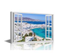 TISHIRON Mykonos Greece Canvas Wall Art for Living Room Home Decor Cityscape View from a Window Poster Prints Europe Wall Decorations for Bedroom Office Framed Ready to Hang, 36x24in