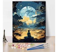 TISHIRON Night Paint by Numbers, Woman Sitting on a Rock in The Forest at Night Paint by Number for Wall Decor, Night Oil Painting with Brushes and Pigment, 16 x20 Inch, Frameless