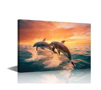 TISHIRON Ocean Theme Canvas Wall Art For Bedroom Two Dolphins Jumping over the Sea Sunset Sea View Pictures Animal Poster Bathroom Kitchen Home Wall Decor 1 Piece (12" Wx18 H)