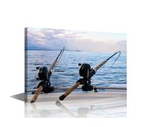 TISHIRON Ocean Wall Paintings for Living Room Fishing Rod and Reel Pictures Print On Canvas Seascape Wall Art Bedroom Wall Decoration Office Wall Art Giclee Framed Ready to Hang - 24x16in